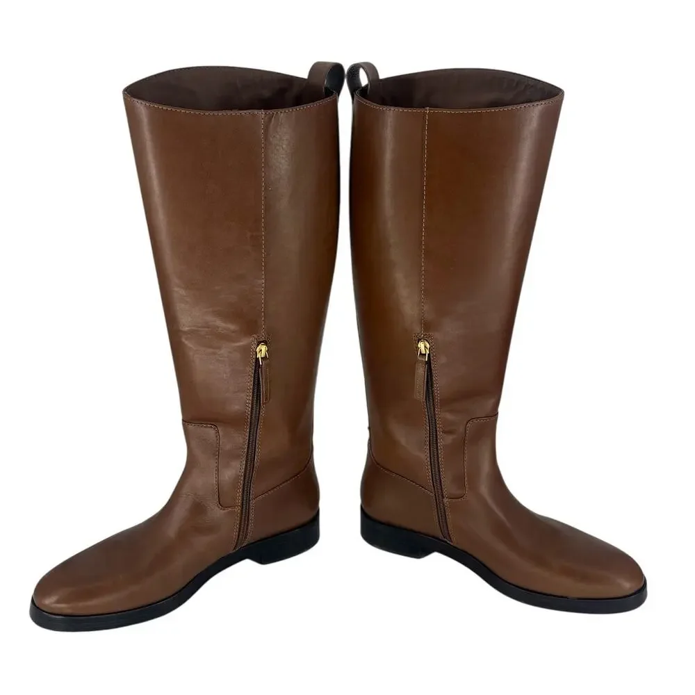 Tory Burch Riding‎ Logo Embossed Leather Knee High Boots Brown 10.5